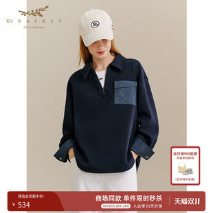 十二篮高智感通勤翻领卫衣半拉链假两件拼接上衣女休闲秋藏蓝秋冬