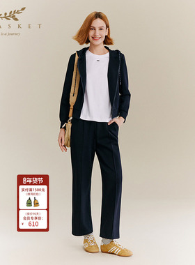 十二篮专选25秋新款高级运动休闲套装藏蓝色阔腿裤九分宽松直筒裤