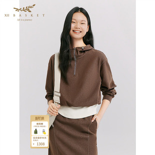 十二篮26春新款 拼接上衣咖啡色 云感假两件连帽卫衣设计感运动短款