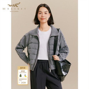 十二篮冬季 外套翻领通勤保暖女 90白鹅绒针织拼接羽绒服短款