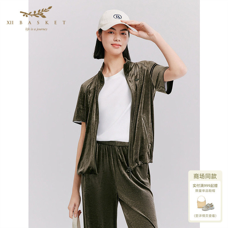 十二篮醋酸丝绒薄款立领短袖外套