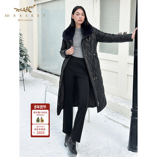 十二篮专选冬新款狐狸毛领长款抽绳收腰绵羊皮羽绒服女