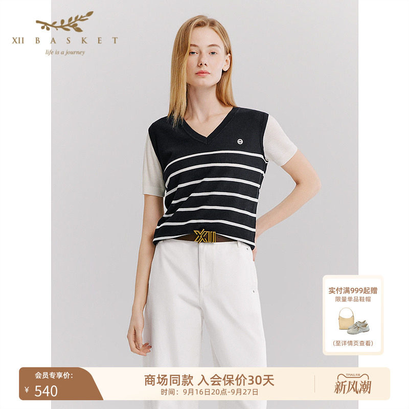 十二篮假两件条纹针织短袖