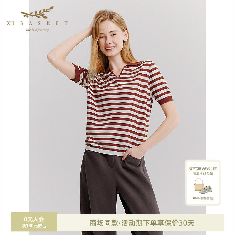 十二篮撞色条纹复古凉感针织衫
