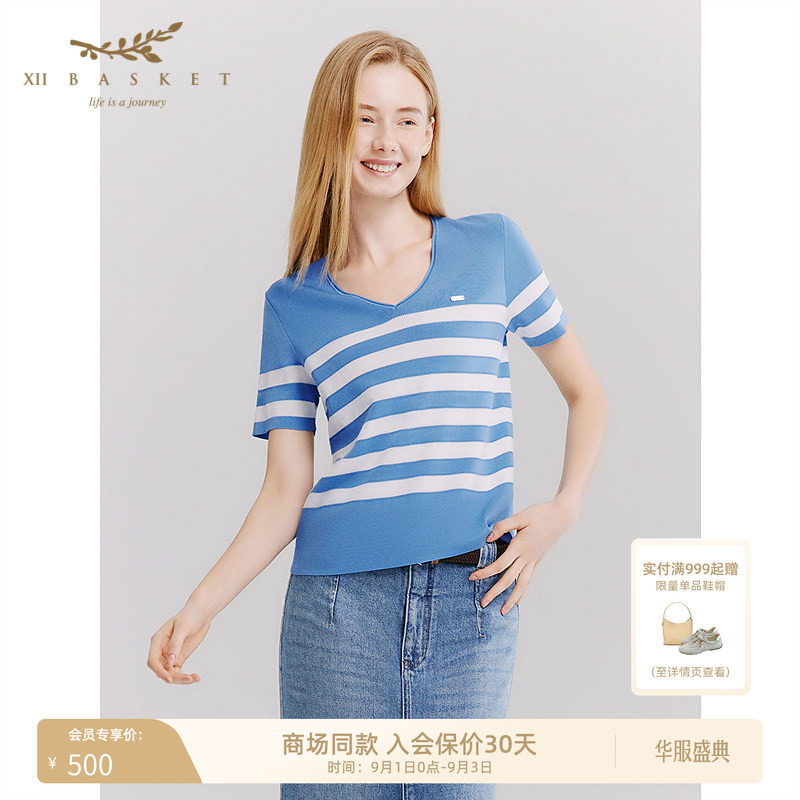 十二篮深V凉感条纹针织衫