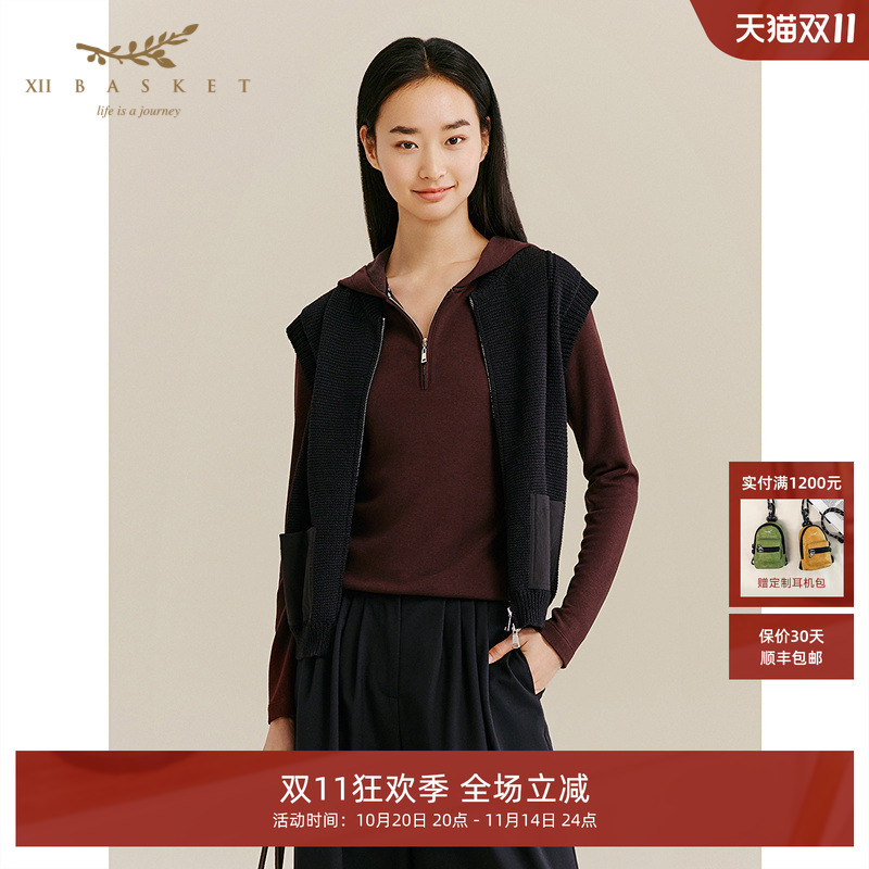 XII BASKET十二篮25秋新款商场同款纯棉经典黑色时尚百搭减龄马甲