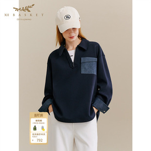 十二篮冬季 拼接上衣休闲女 半拉链polo领卫衣复古假两件衬衫