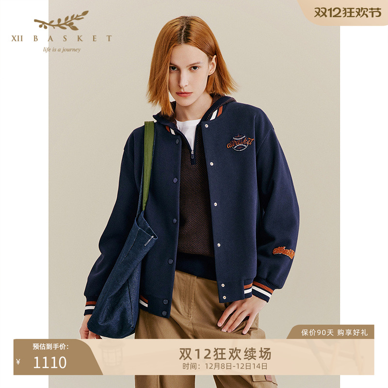 十二篮美式藏蓝宽松棒球服外套女