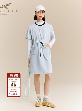 十二篮专选25秋新款户外山系轻量清新冰蓝色圆领短袖工装连衣裙女