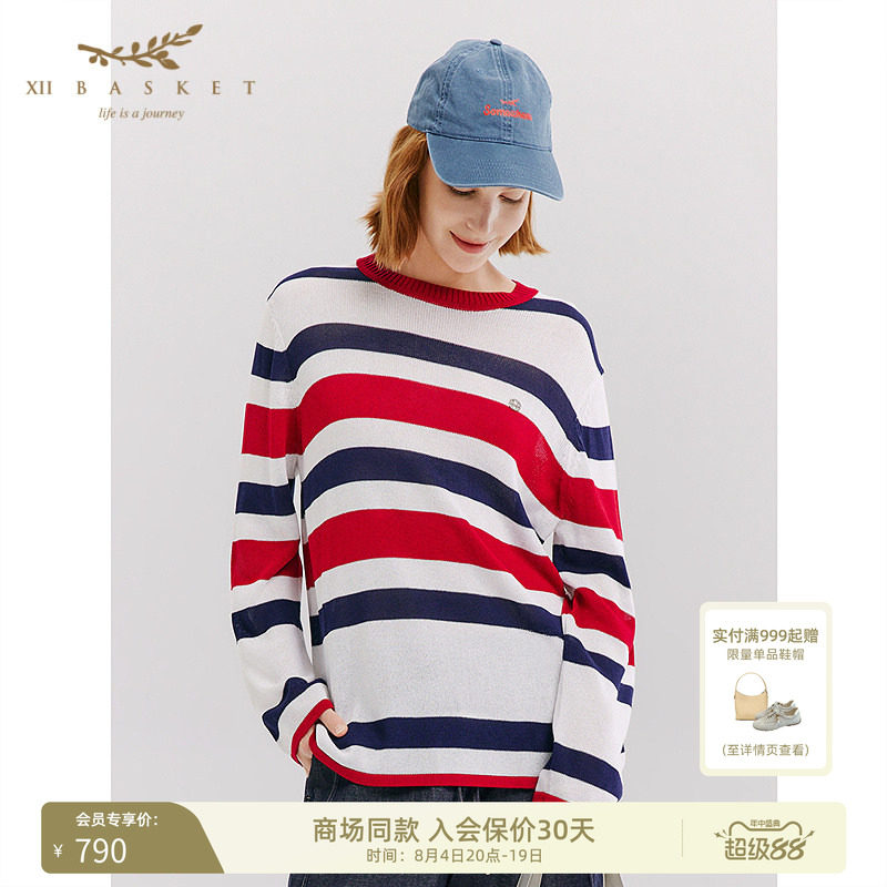 十二篮圆领条纹针织衫