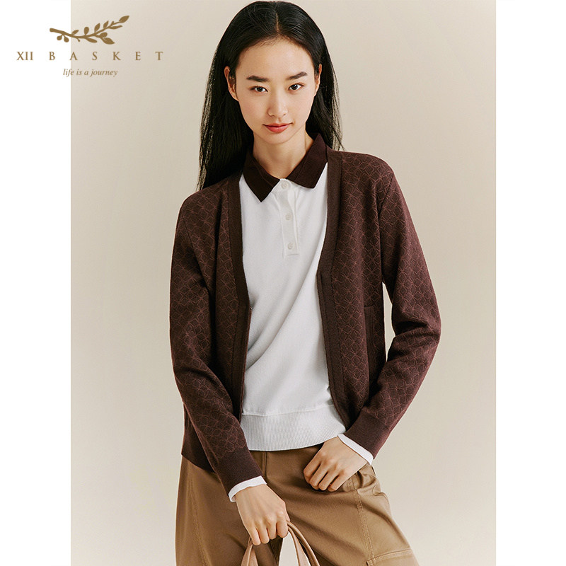 XII BASKET十二篮经典老钱花纹羊毛针织开衫薄款外套女春秋深棕色