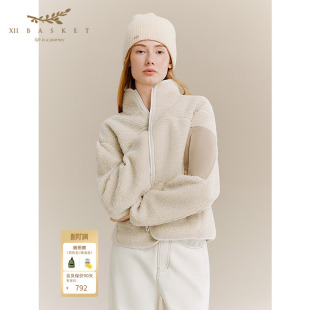 十二篮专选冬季 立领羊羔毛短外套撞料口袋百搭休闲女 美式