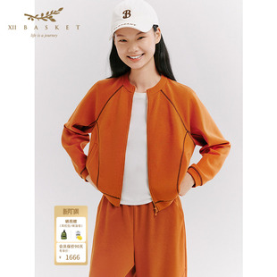 十二篮26春新款 百搭 活力橙红圆领卫衣女休闲运动风设计感外套时尚