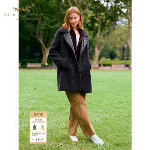 十二篮冬季 大衣简约廓形保暖女 100%羊毛颗粒绒外套通勤中长款