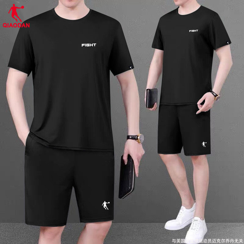 乔丹运动套装男黑色短袖短裤两件套2026夏季宽松大码跑步运动服男