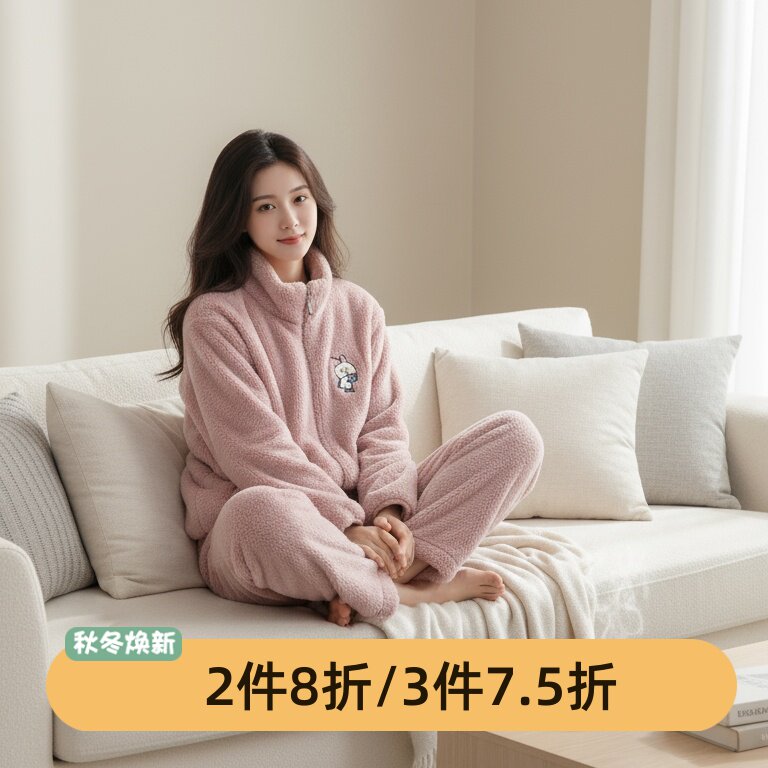 芬腾女冬季加绒加厚睡衣套装