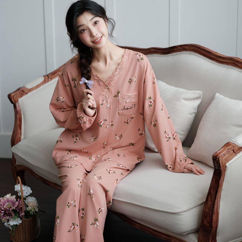 芬腾睡衣女款2025年新款春季纯棉长袖长裤V领家居服套装专柜同款