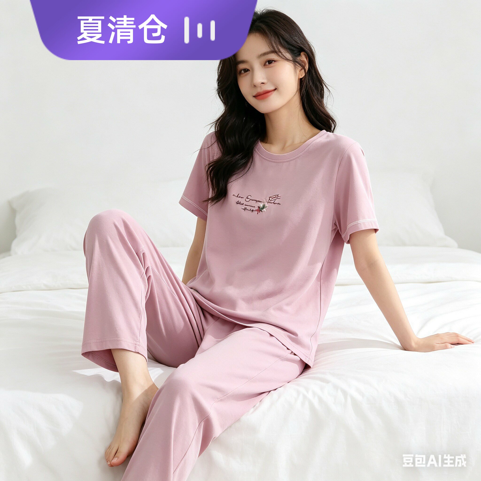 芬腾女夏短袖长裤棉质睡衣套装