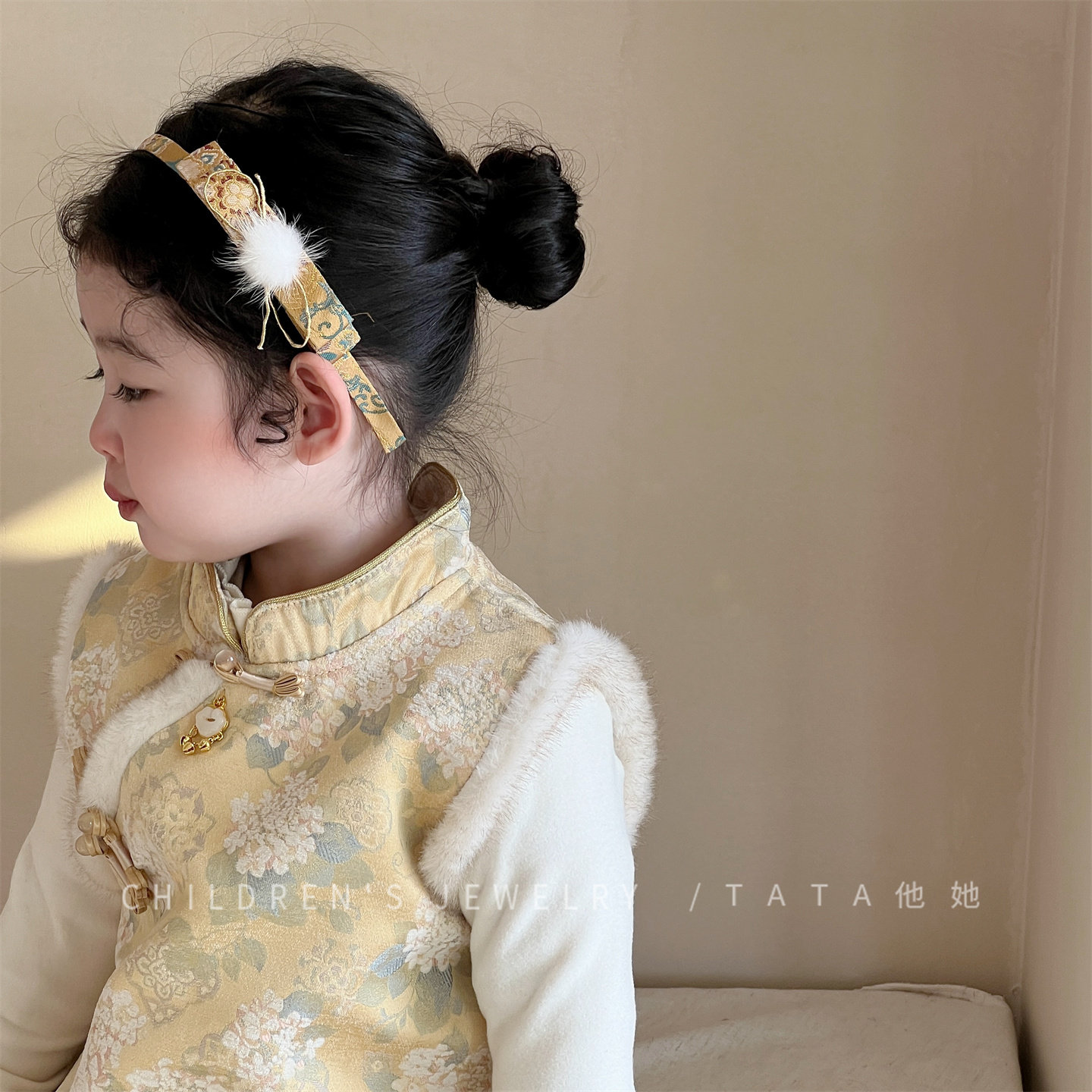 新中式奶黄儿童发饰女童毛绒大肠发圈蝴蝶结发绳宝宝不伤发扎头绳