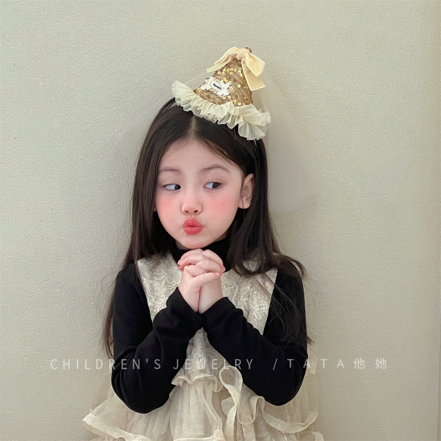 金色亮片公主party超仙蕾丝网纱羽毛高级儿童生日帽压夹拍照头饰