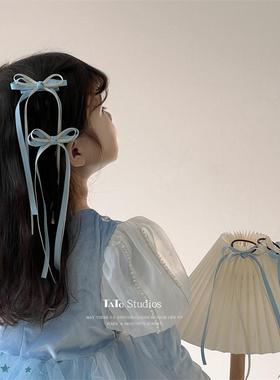 韩国蓝色丝带蝴蝶结发夹儿童公主超仙飘带编发夹子后脑勺发卡发绳