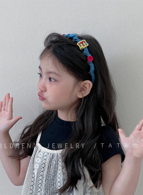 复古牛仔蓝色撞色蝴蝶结带齿防滑发箍儿童学生M豆卡碎发刘海发卡