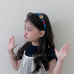 复古牛仔蓝色撞色蝴蝶结带齿防滑发箍儿童学生M豆卡碎发刘海发卡