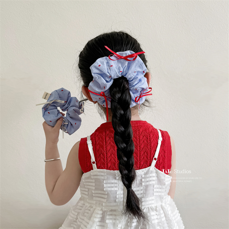 蝴蝶结波点蓝色大肠发圈格纹小众肠圈儿童扎头发皮筋头绳女童发饰