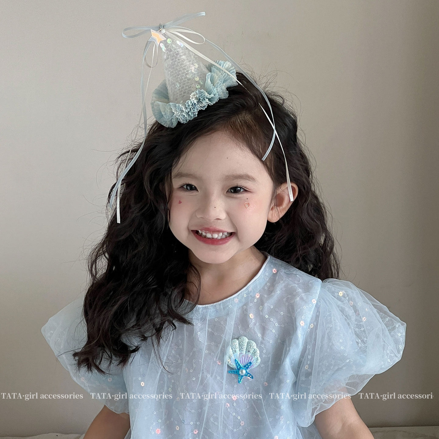 蓝色亮片蝴蝶结丝带生日帽发夹少女法式生日头饰帽子发饰拍照头饰