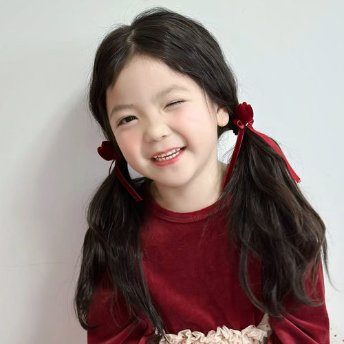 酒红丝绒飘带郁金香儿童新年红色发圈对装后脑勺扎发绳头绳小皮筋