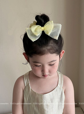 黄色串珠欧根纱蝴蝶结儿童飘带发圈头绳小女孩丸子头肠圈皮筋头饰