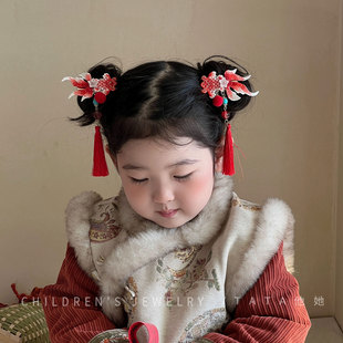 新年红色锦鲤发夹流苏发饰儿童过年汉服头饰小女孩马年古风发卡