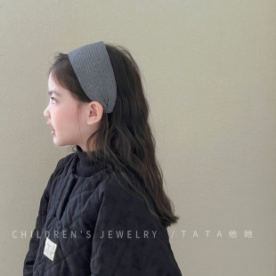 韩国儿童时髦针织灰色加宽发箍简约带齿防滑压发头箍品质发卡发饰