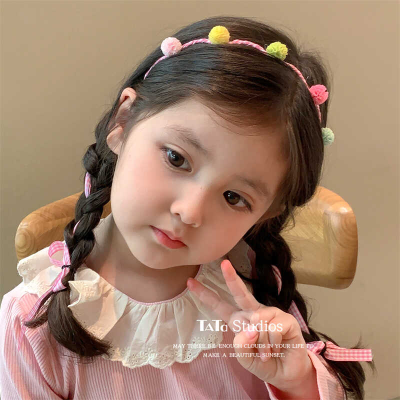彩色毛球长飘带儿童发箍女童不勒头发箍女童波浪编发宝宝头扣发饰