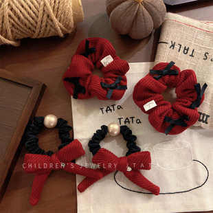 喜庆红色蝴蝶结发圈女童高级感小香风珍珠大肠圈新年儿童发饰头箍