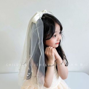 韩系女童生日披纱公主甜美超仙飘带发饰儿童发夹蝴蝶头纱顶夹发卡