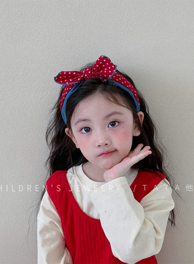秋冬红色波点蝴蝶结发箍女童漂亮牛仔高颅顶甜美不勒头头箍发卡