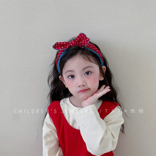 秋冬红色波点蝴蝶结发箍女童漂亮牛仔高颅顶甜美不勒头头箍发卡