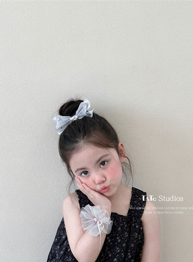 公主风灰色网纱织带蝴蝶结头绳女童宝宝甜美烫钻发圈扎低丸子发饰