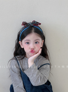 复古格纹宽边打结兔耳朵发箍儿童布艺压发洗脸头箍不勒头防滑头箍