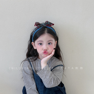 复古格纹宽边打结兔耳朵发箍儿童布艺压发洗脸头箍不勒头防滑头箍