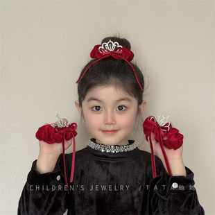 新年酒红皇冠丝绒飘带发圈扎丸子头皮筋宝宝喜庆大肠发绳儿童头饰