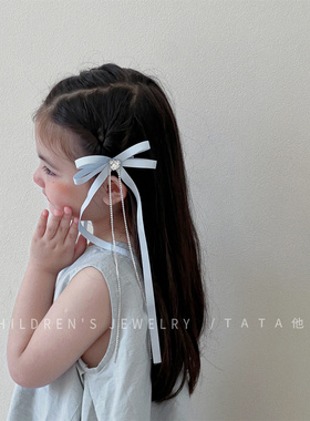 蓝色蝴蝶结飘带发夹女童后脑勺编发宝宝法式芭蕾风丝带绑发带发卡