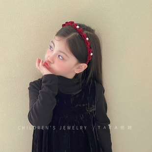 新年红色绒面发箍带齿防滑蝴蝶结爱心珍珠款小女孩洋气不勒头头箍