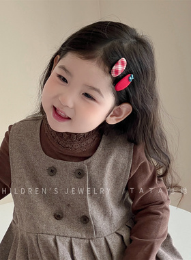 港风红色蝴蝶结发夹公主高级感格纹布艺发饰小女孩发卡碎发刘海夹