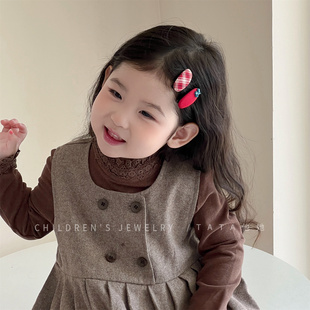 港风红色蝴蝶结发夹公主高级感格纹布艺发饰小女孩发卡碎发刘海夹