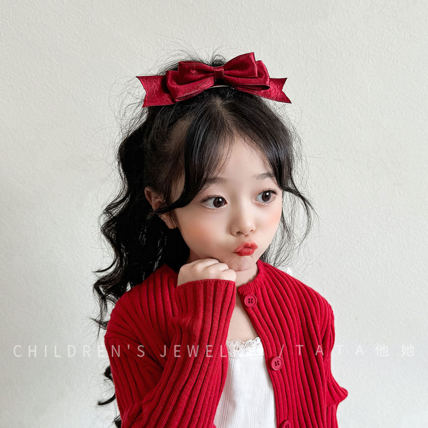 儿童高级质感酒红飘带丝绒发夹