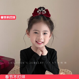 酒红色丝绒皇冠头饰新年高级感儿童发夹公主风立体蝴蝶结顶夹发卡