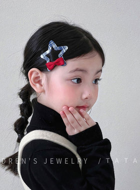 韩系蓝色格纹星星蝴蝶结BB夹发圈儿童发饰布艺ins女孩发卡碎发夹