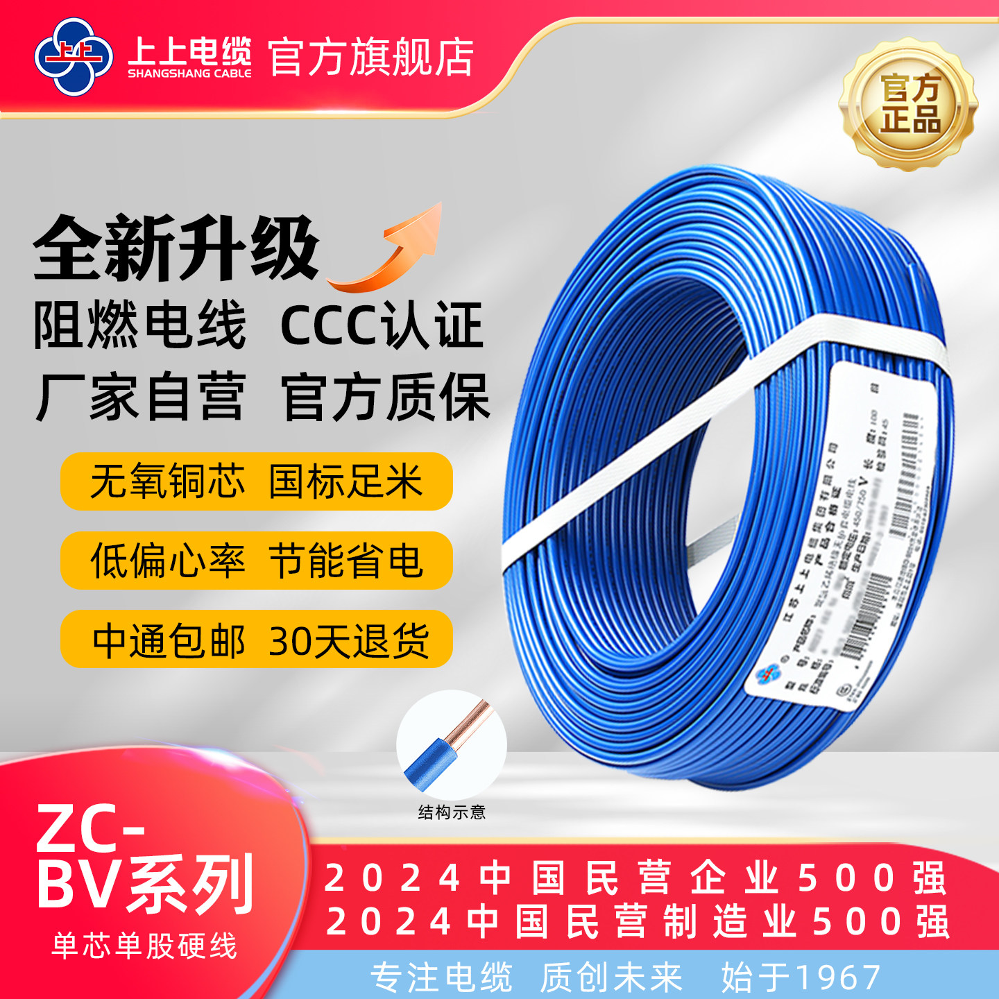 上上电缆阻燃系列ZC-BV1.5/2.5/4/6平方 国标单芯单股照明硬线